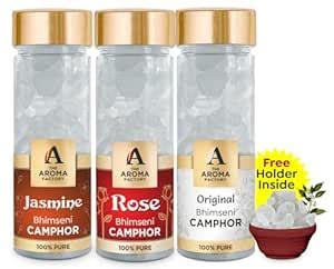 The Aroma Factory Pure Bhimseni Camphor, Jasmine, Rose & Original, Zero ...