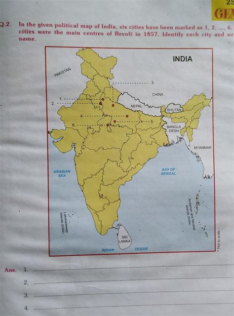 0.2. In the given political map of India, six cities have been marked ...