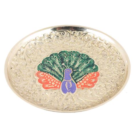 Twin Peacock Brass Meenakari Plate Wall Hanging With Silver Finish