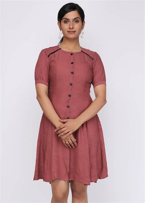 Get Contrast Lace Trim Button-Up A-Line Dress at ₹ 1079 | LBB Shop