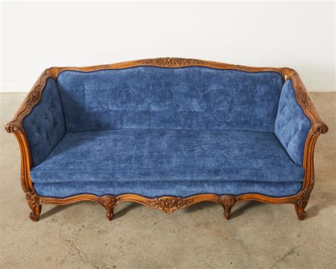 Country French Provincial Style Walnut Blue Velvet Canapé Sofa For Sale ...