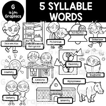 Five Syllable Words Clipart by G is for Graphics | TPT