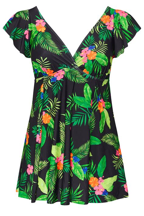 YOURS Plus Size Black Hawaiian Floral Print Swim Dress | Yours Clothing