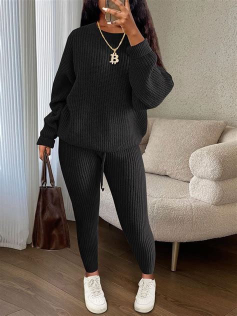 Women's Solid Round Neck Drop Shoulder Sweater & Drawstring Waist Pants ...