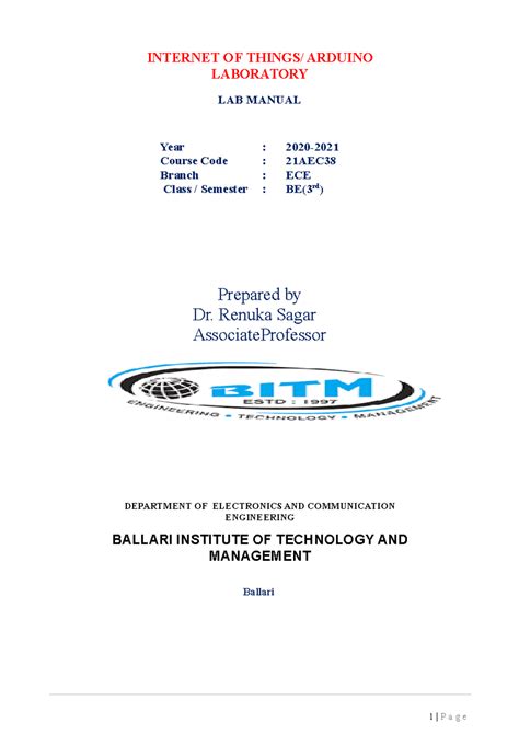 IOT Laboratory Manual: Arduino Experiments for Course 21AEC - Studocu