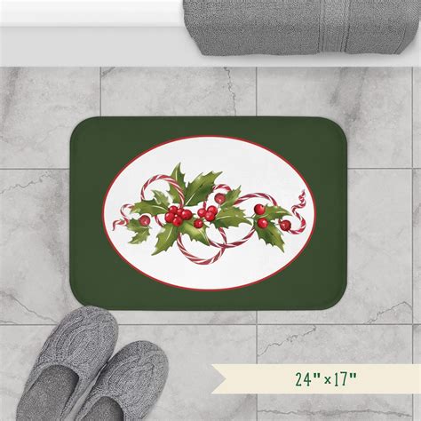 Festive Christmas Bathroom Decor, Holly Berries and Candy Cane Bath Mat ...