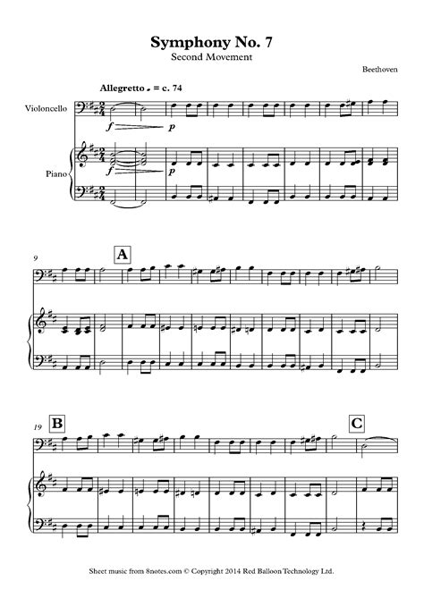 Beethoven - 7th Symphony 2nd mvt theme Sheet music for Cello - 8notes.com