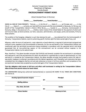Fillable Online transportation ky ENCROACHMENT PERMIT BOND - Kentucky ...