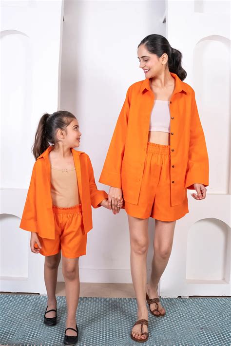 Vacation-Ready Matching Outfits: Mom and Daughter Orange Cotton Co-Ord