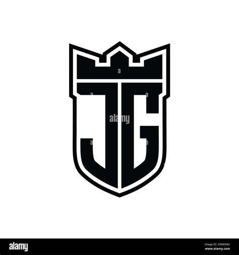 JG Letter logo with shield shape with geometric crown inside black outline on white background ...
