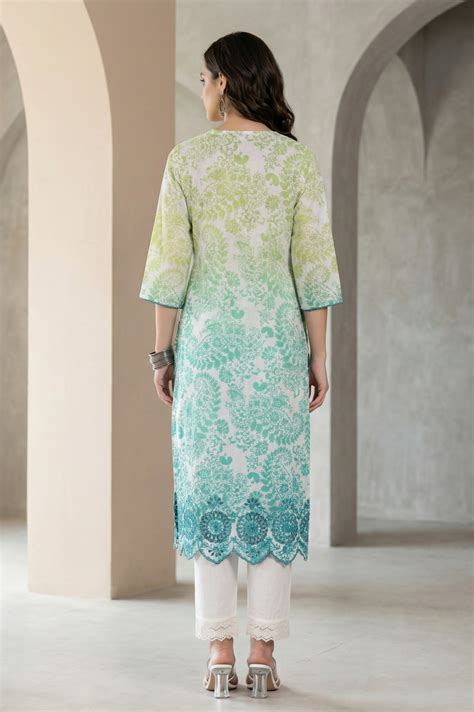 Buy White Floral Printed Schiffli Embroidered Pure Cotton Straight ...
