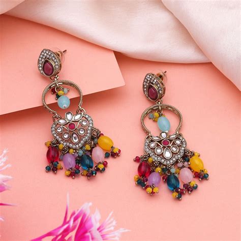 Vibrant Multi Color Kundan Earrings With Gold Plating Perfect For Brid ...