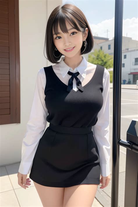 A close up of a woman in a short black dress and a white shirt - SeaArt AI