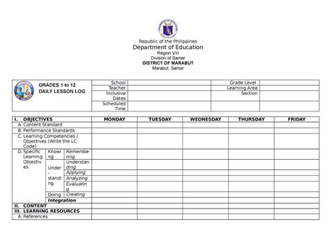 Image result for Daily Lesson Log Template