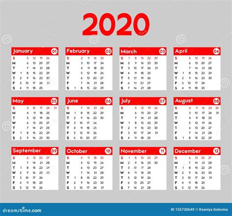 Calendar 2020, the Week Begins on Sunday Stock Vector - Illustration of ...