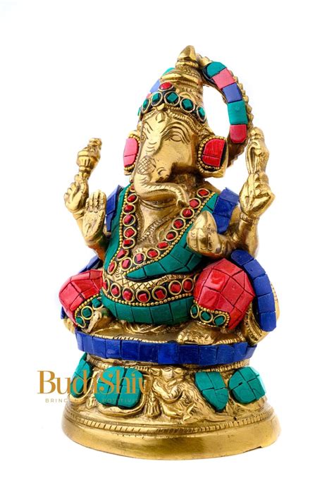 Buy Handcrafted Brass Lord Ganesha Idol with Natural Stones | 6 inch ...