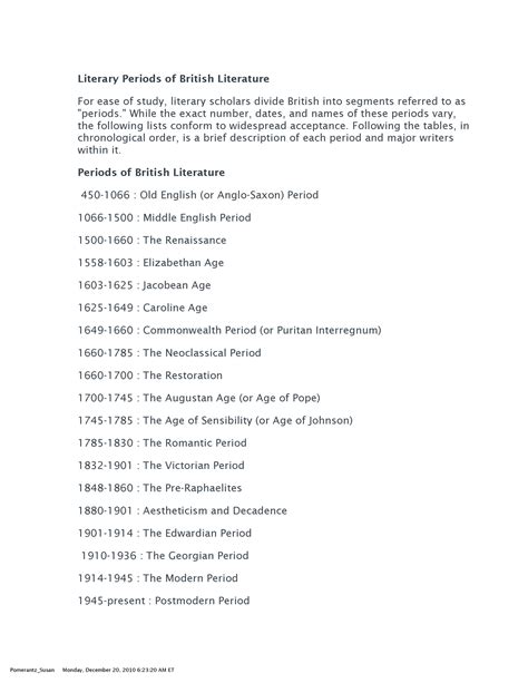 Ages of lit - Ages of English literature - Literary Periods of British Literature For ease of ...
