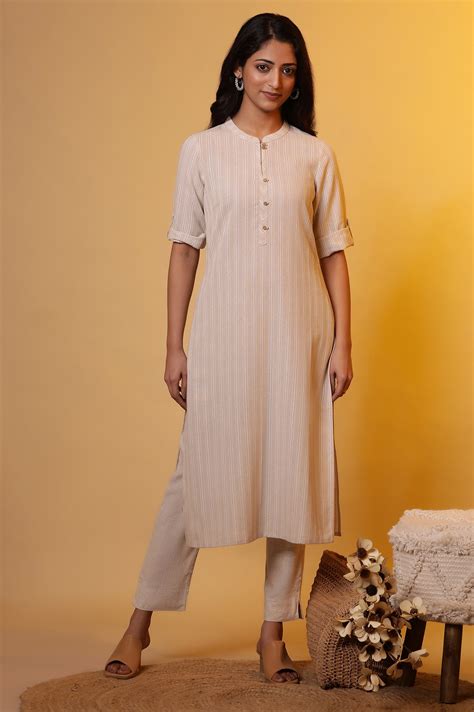 Buy Biege Yarn-Dyed Striped Kurta Online for Woman | Shop for Aurelia