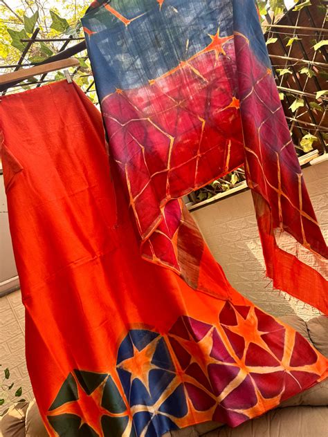 Kesariya Hand Clamp-Dyed Chanderi Kurta Set with Multicolour Dupatta ...