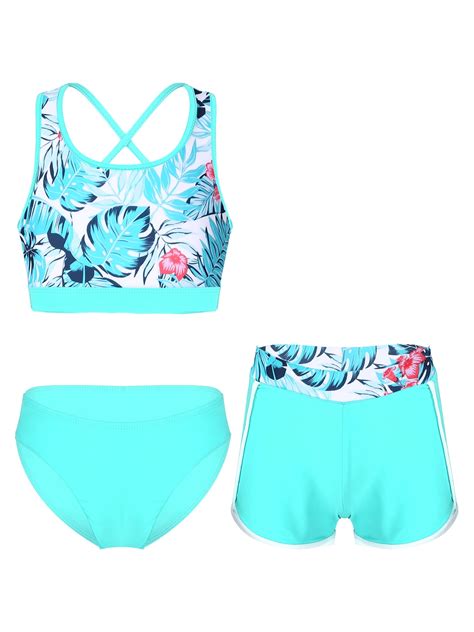 TTAO Girls 3 Piece Bathing Suit Summer Tankini Bikini with Booty Shorts ...