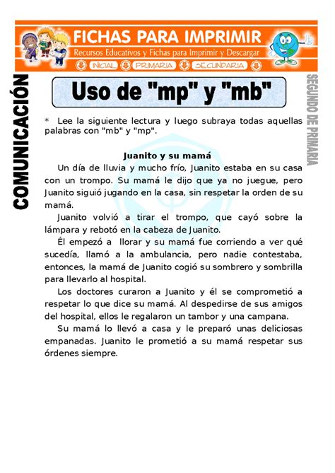 Ficha de Uso de mp y mb para Segundo de Primaria - * Lee la siguiente ...