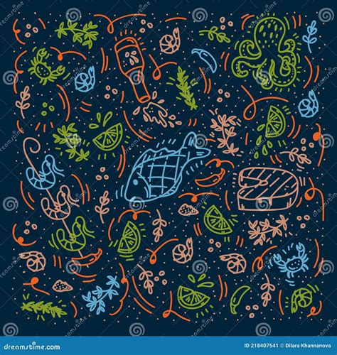 Background for the Seafood Menu in Color. Linear Pattern of Fish, Shrimp, Octopus, Shellfish ...