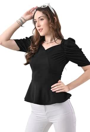 Women's Peplum Top with Ruched Sleeves | Sweetheart Neck Stylish Semi ...