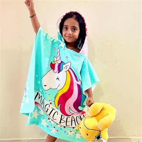 Buy Unicorn Print Hooded Poncho Towel - 75x75cm from Famyo at just INR ...