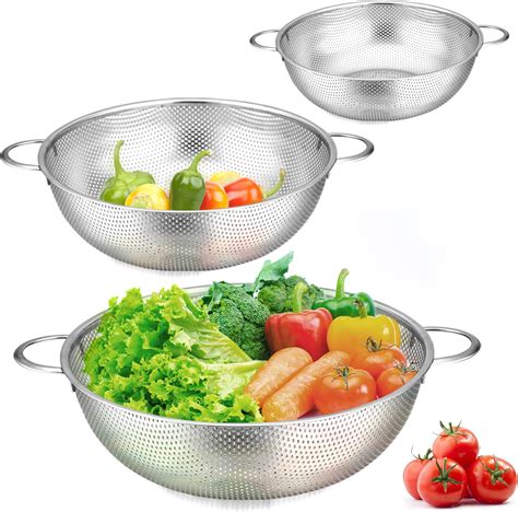 HaWare Colander Set of 3, Stainless Steel Colanders with Handle, Metal ...