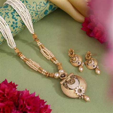 Gold Color Meena Work Matte Gold Rajwadi Temple Necklace Set ...