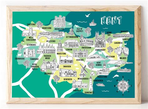 Kent Map, Illustrated Map, Kent Gifts, Map of Kent, Kent Art, Map ...