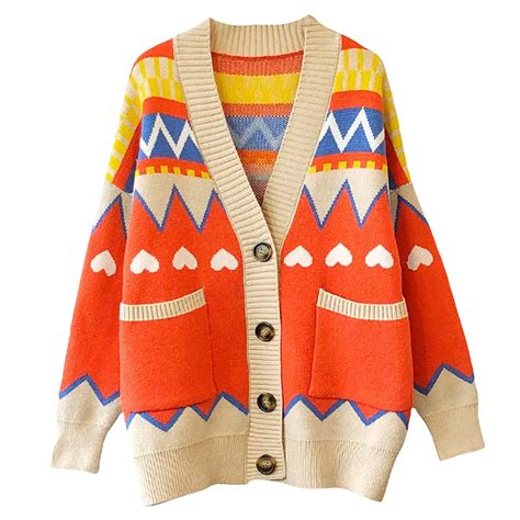 Buy Women's Y2K Floral Smile Face V Neck Long Sleeve Cardigan Sweater ...