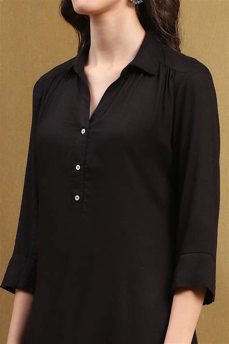 Buy Black Solid Shirt Collar Straight Short Kurti Online at Biba India