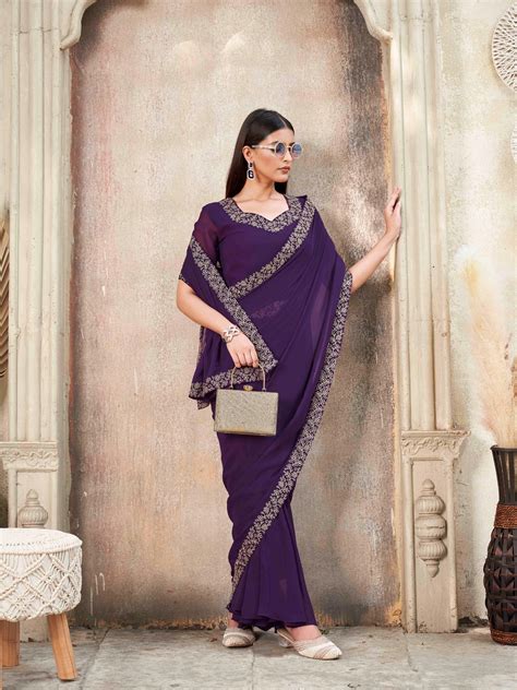 Ready to wear purple colored poly georgette gown saree with embroidery