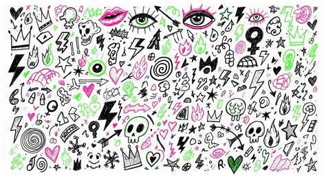 Handdrawn doodle art with skulls hearts eyes and lightning bolts ...
