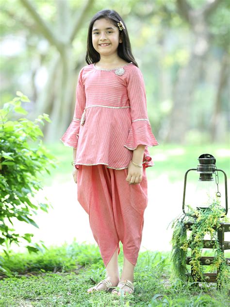 Cutiekins Ethnic Motif Printed Peplum Kurta & Dhoti Set-Peach & Gold