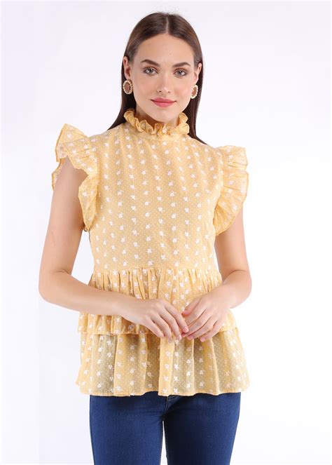Get Frill Detail Yellow Chikankari Peplum Layered Top at ₹ 2083 | LBB Shop