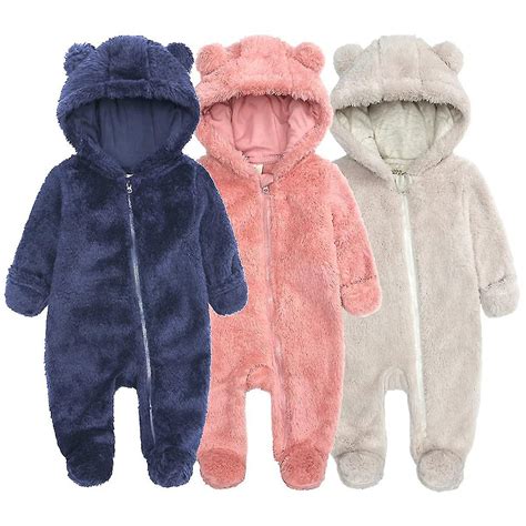 Newborn Baby Hooded Romper Winter Warm Infant Fleece Zipper Jumpsuit ...