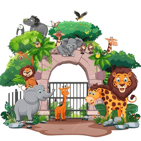 Zoo Entrance Outdoor View With Different Cartoon Animals, Animals ...