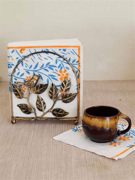Buy | Leaf Textured Metal Napkin Holder Antique Gold-Toned | Tied Ribbons