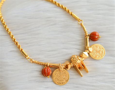 Gold tone 24 inches chain with coral bead lakshmi coin thiru mangalyam ...