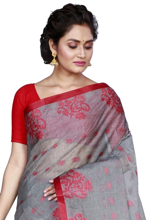 Grey Pure Cotton Botgach Tant Saree (544) | PuJoy Fashion