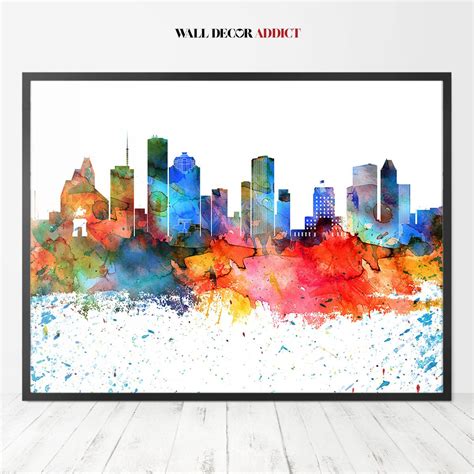 Houston Skyline Print, Poster, Houston Watercolor Wall Art, Home Decor ...