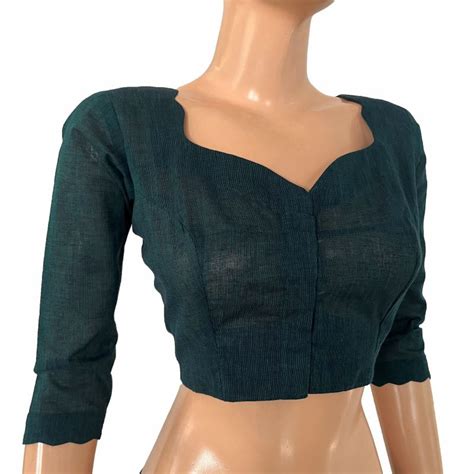 Handloom South Cotton Scallop neck Blouse with 3/4 sleeves , Teal Gree ...