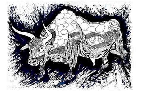 "Blue Bull Series 3": Blue Violet Pen Ink Drawing by Rashid Ahamad ...
