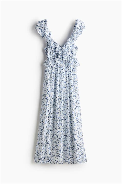 Women's White/Blue floral Frill-trimmed midi dress | H&M IN