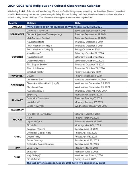 Wellesley Public Schools Calendar 2025-2026 [Academic Year]