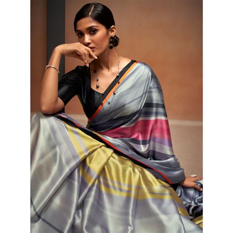 Grey Digital Printed Satin Saree