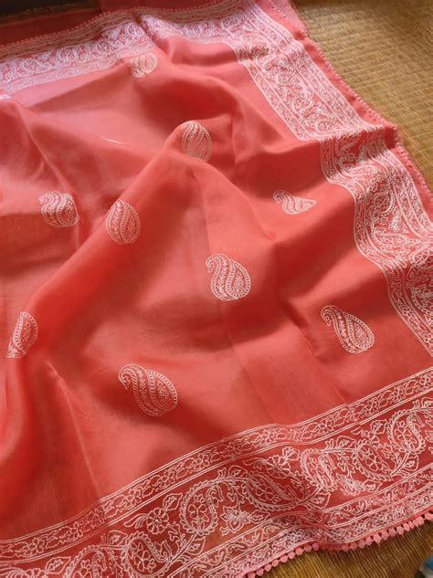 Pure Organza Silk Saree Kari Buit / Crochet Lace Work With Blouse ...