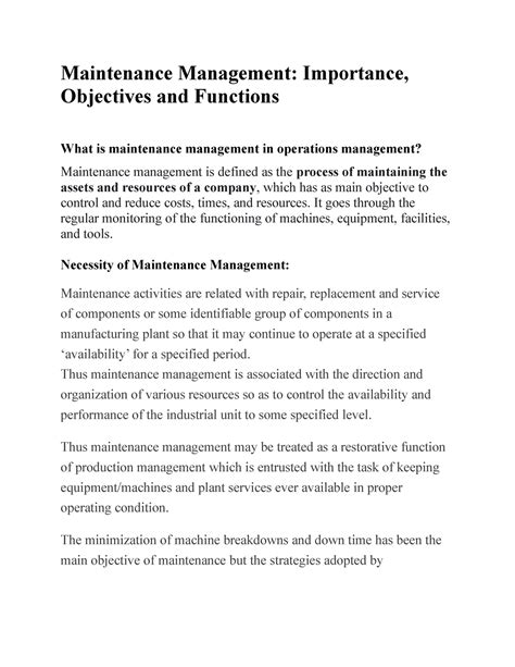 Maintenance Management OM - Maintenance Management: Importance, Objectives and Functions What is ...